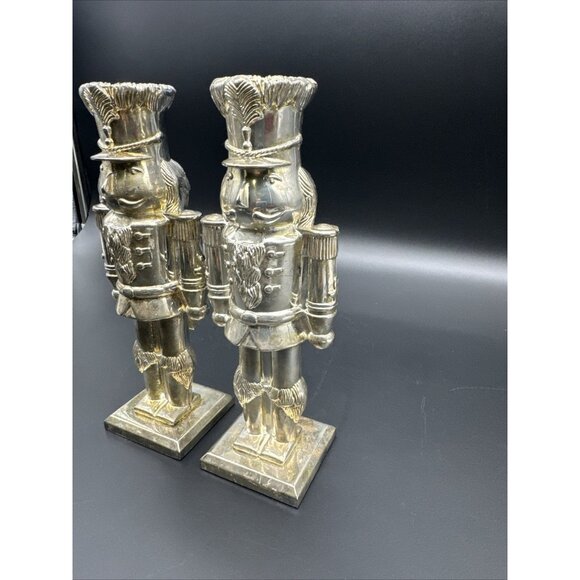 Silver Plate Nutcracker Soldier Candle Holder Set Mantle Holiday Christmas Decor - Picture 6 of 16